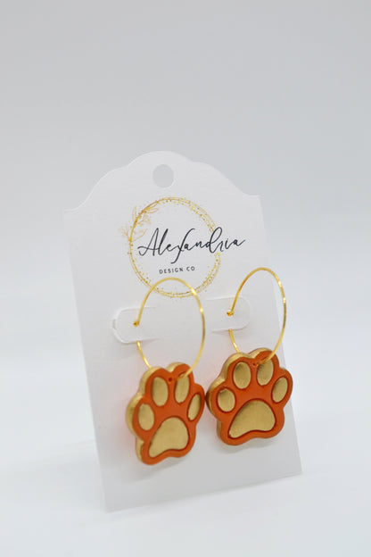 Orange Paw Print Hoops